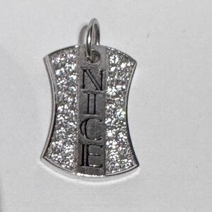 ✨ .925 Sterling Silver “Nice” Dog Tag Charm with Pavé Crystals ✨